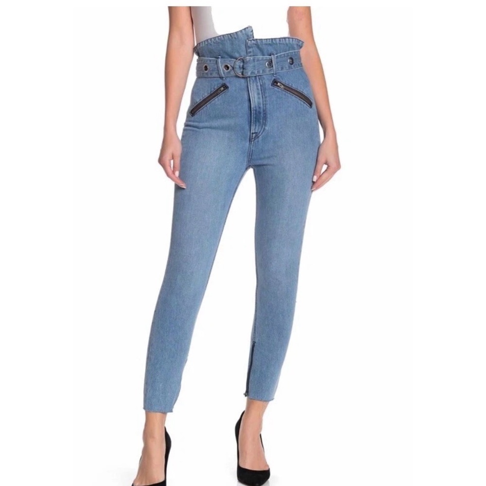 GRLFRND $328 ‘Mia’ Paperbag Belted Skinny Jeans Light Wash High Rise Women’s 25